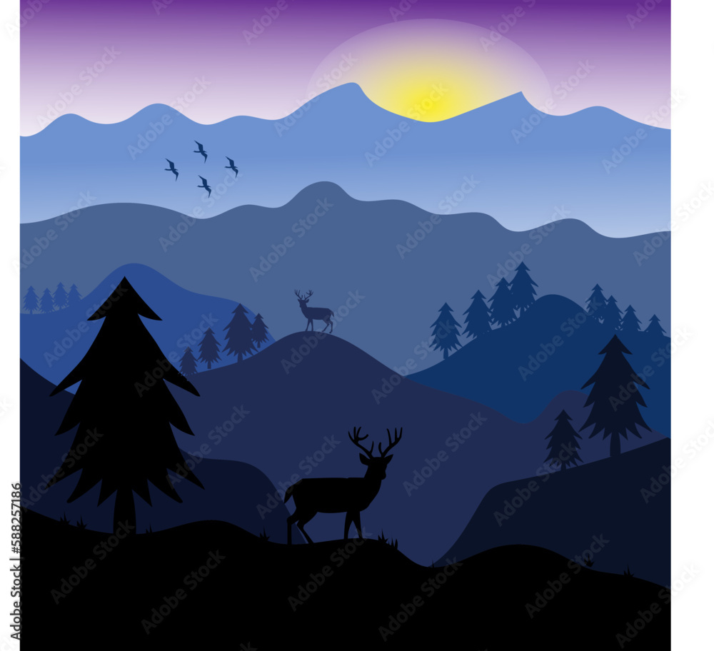 Vector landscape with silhouettes of blue mountains with palm trees and deer. the view with the cool sun at night