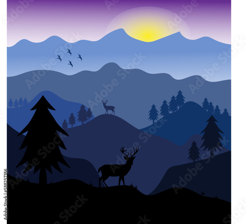Vector landscape with silhouettes of blue mountains with palm trees and deer. the view with the cool sun at night