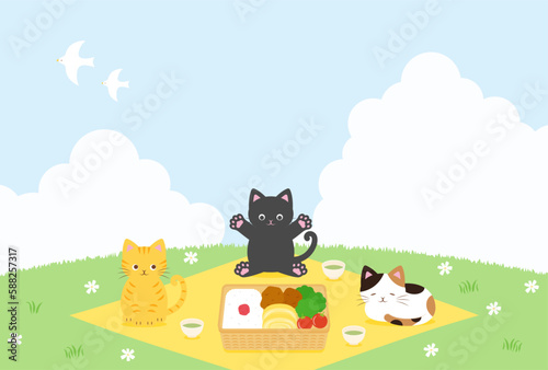 spring vector background with a bento box and cats having a picnic on a green field for banners, cards, flyers, social media wallpapers, etc. © mar_mite_