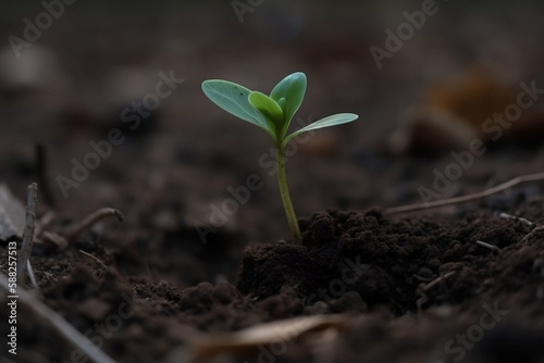 Close up of spring sprout growing green and fresh on tilled soil
