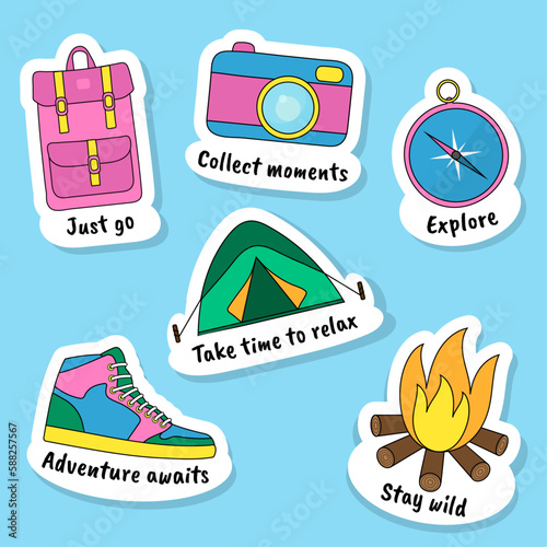 Vector flat camping stickers set of backpack, camera, compass, campfire, sneakers, tent. Summer hiking  set in retro style for social media, web design, mobile message, chat, scrapbooking. 