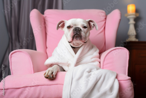 Dog is relaxing on pink armchair. Pets spa, grooming salon, pet resort. Animal care service, bathing. Rest, relax, wellness. Generative AI.