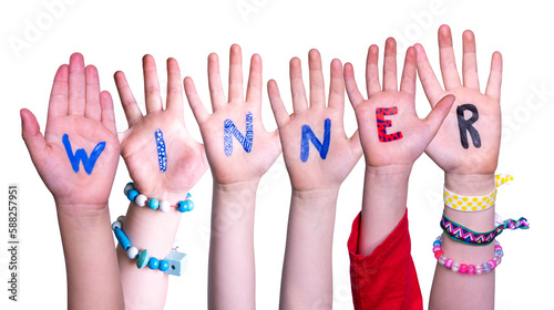 Children Hands Building Word Winner. White Background