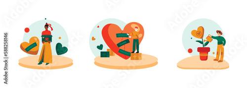 Set of different multiracial cartoon characters volunteering. Men and woman doing donation and charity. Care for environment and helping other people. Vector