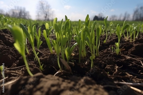 Fresh green sprout in soft focus. Small sprout of young and green seedling. Agricultural landscape with seedlings with soil base.