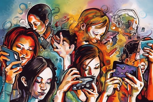 People absorbed by cell phones and gadgets. AI generative