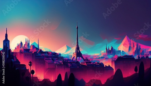 - Paris from France illustration Abstract colorful Background Landscape of mountains, Sakura trees, illustration, gradient colors, dreamy background, building's silhouette foreground