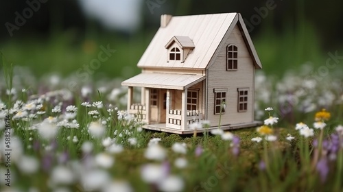 Model of a wooden house standing on the field with blossoming windflower Generative AI