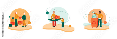 Set of multiracial young cartoon characters volunteering. Men and woman helping other people and ecosystem. Active youth and charity. Donations from community support for elderly persons. Vector