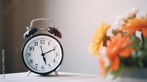 Spring change, Daylight Saving Time concept. White alarm clock and flowers on the wooden table. Copy space Generative AI