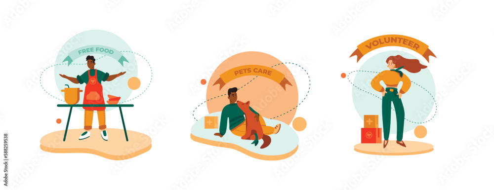 Fototapeta premium Set of multiracial young volunteers helping people and pets. Cartoon characters from humanitarian aid organization. Charity and donations. Social active youth. Vector