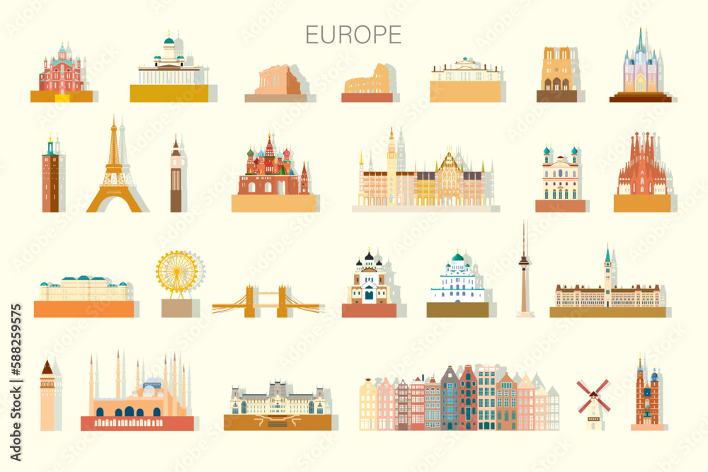 Travel Europe famous architectural landmarks isolated set