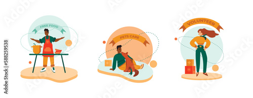 Set of multiracial young volunteers helping people and pets. Cartoon characters from humanitarian aid organization. Charity and donations. Social active youth. Vector