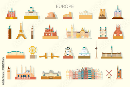 Travel Europe famous architectural landmarks isolated set