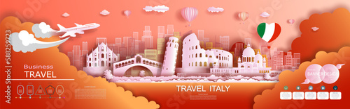 Infographic advertising travel brochure Italy with modern and ancient architecture.