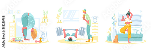 Set of different cartoon characters doing exercises at home. Morning workout indoors. Healthy and active lifestyle. Regular physical activity. Yoga and lifting barbell. Vector