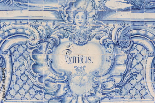 Portuguese azulejo ceramic tiles, closeup photo of decorative, vintage, historic azulejos.