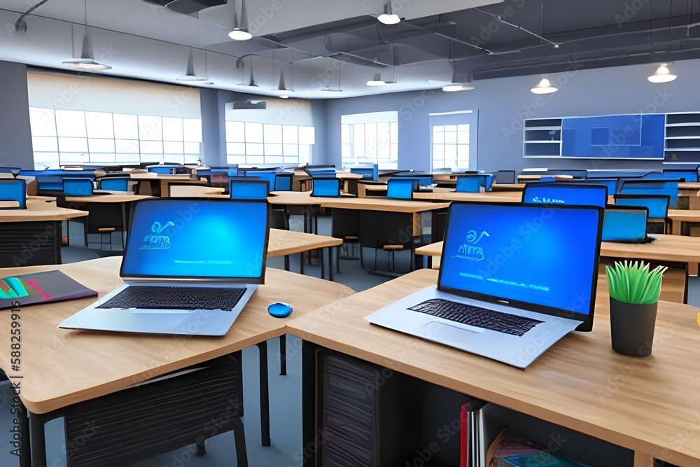 Digital classroom concept for online education. modern classroom desks