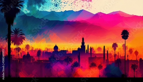 - Marrakech from Morocco illustration Abstract colorful Background Landscape of mountains, Sakura trees, illustration, gradient colors, dreamy background, building's silhouette foreground