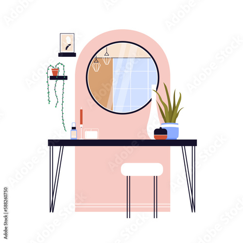 Modern hallway with painted wall arch, round mirror, console table, candles and houseplants. Loft style interior design. Flat vector illustration isolated on white background