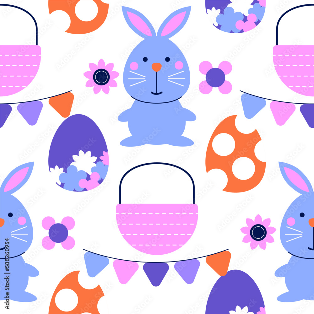 Easter vector pattern with colorful eggs, bunny, basket, garland and flowers. Seamless background for party decoration, wrapping paper, spring holiday textile