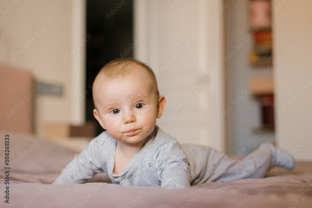 Small baby boy lying on stomach and raising his head while looking surprised, newborn Small baby boy lying on stomach and raising his head while looking surprised, newborn