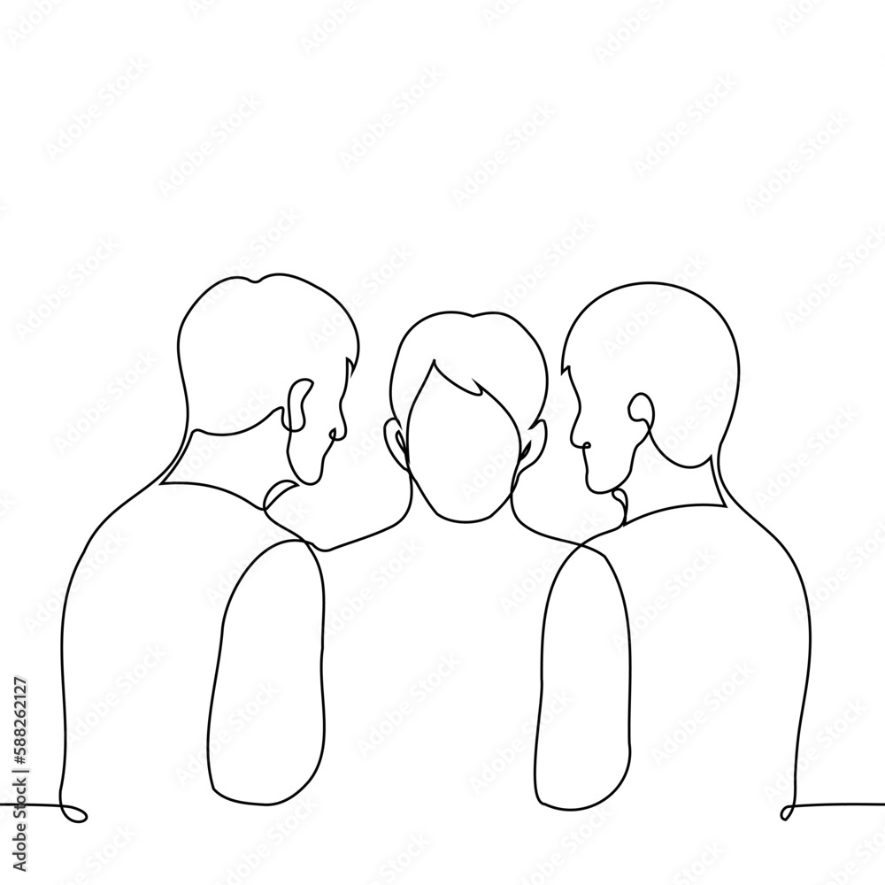 two men surrounded the third from both sides - one line drawing vector. concept to pressure, threaten, frighten, catch two men surrounded the third from both sides - one line drawing vector. concept to pressure, threaten, frighten, catch