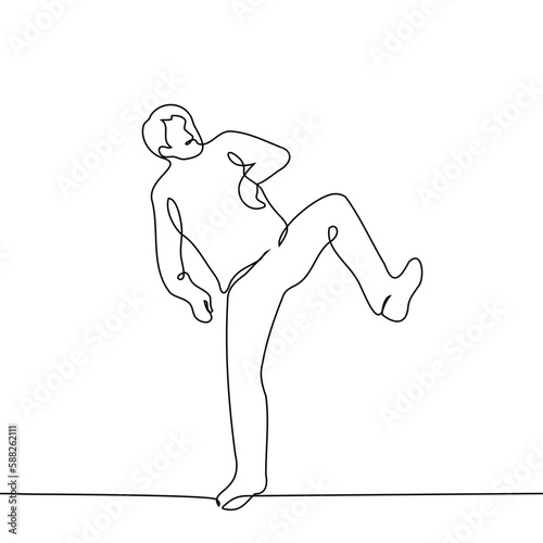 man stands on one leg and with the other leg he is going to hit someone or kick something - one line drawing vector