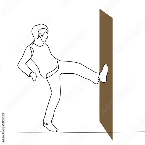 man kicking closed door - one line drawing vector. concept break in the door, attack or trespass on private property
