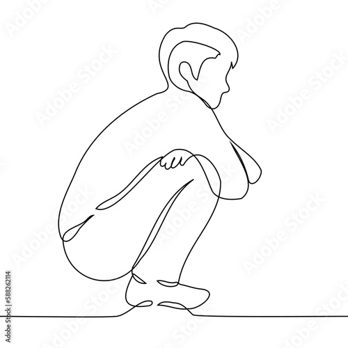 squatting man silhouette - one line drawing vector. concept to be sad alone, nowhere to sit