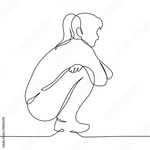 squatting woman silhouette - one line drawing vector. concept to be sad alone, nowhere to sit