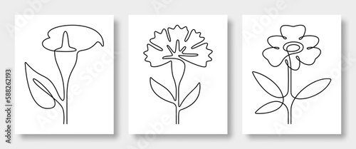 Continuous line drawing of vector flowers calla lily, carnation, alstroemeria. Vector illustration.