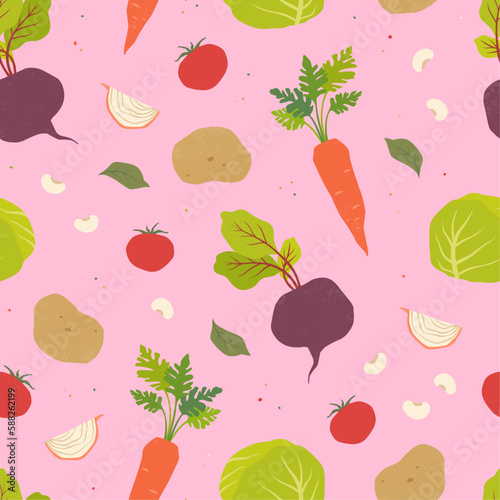 Fototapeta Naklejka Na Ścianę i Meble -  Seamless pattern with Borsch ingredients. Vector vegetables. Texture for pribt, textile, fabric, packaging.