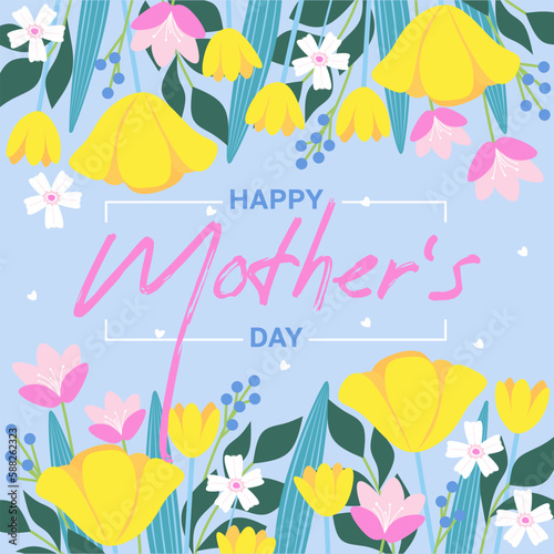 Happy Mother s Day. Cute card and poster template for the spring holiday. Vector illustration in flat style
