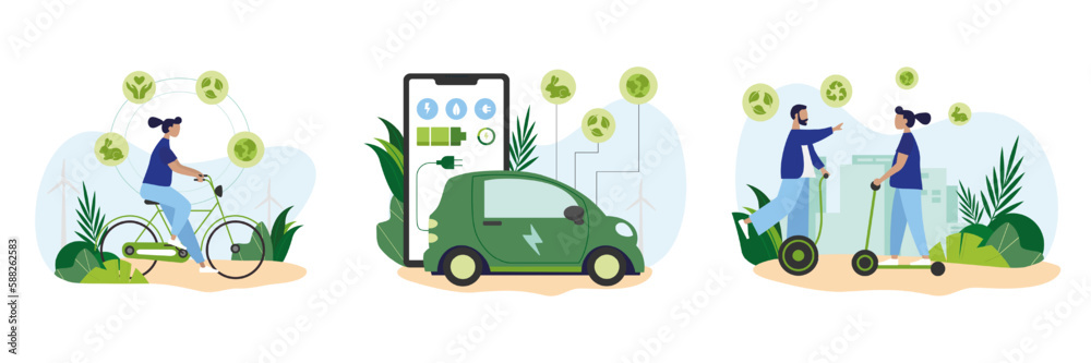 Set of colored cartoon characters using eco transport. People driving eco friendly vehicles. Usage of green transport. Reducing world energy consumption. Vector