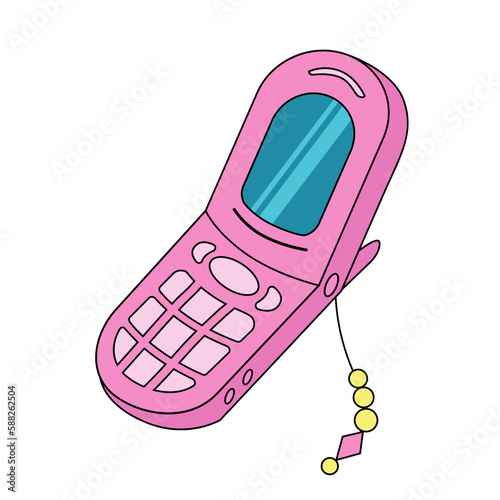 Retro mobile phone, Y2K collection object, sticker, portable music system.