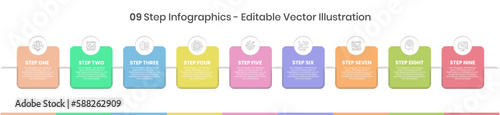 9 Steps Infographics Design Template - Graph, Pie chart, workflow layout, squire diagram, brochure, report, presentation, web design. Editable Vector illustration