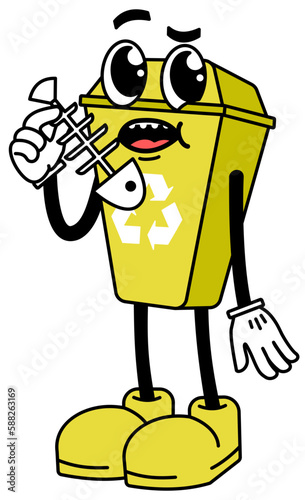 Cartoon trash can to collect the trash that pollutes our planet. Let's take care of our environment by properly disposing of our waste, so that it can be recycled later.