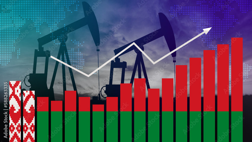 Fototapeta premium Belarus oil industry concept. Economic crisis, increased prices, fuel default. Oil wells, stock market, exchange economy and trade, oil production