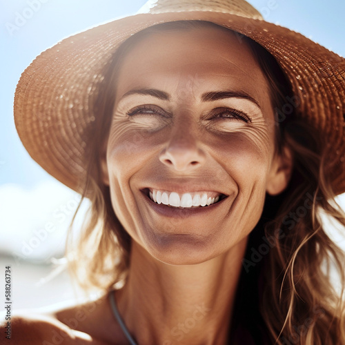Smiling woman in the sunshine closeup, Generative AI