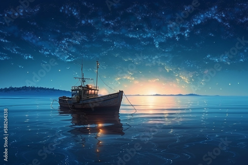 Fishing boat on the sea among the night sky with many stars reflected in the water. AI Generated