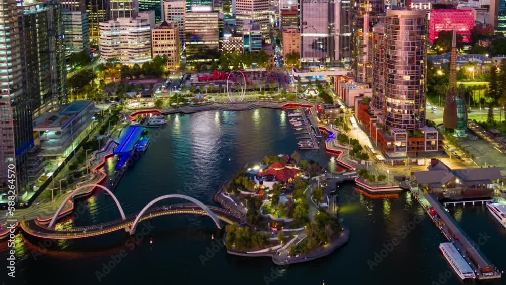 Aerial hyperlapse, dronelapse video of Elizabeth Quay of Perth city at night