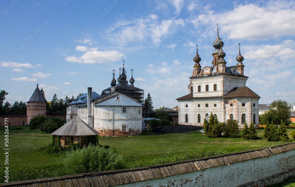 Panoramic view of the old town of Yuriev-Polsky in the Vladimir region with ancient churches and houses among the green grass on a sunny summer day