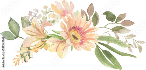 Watercolor bouquets of flowers and leaves