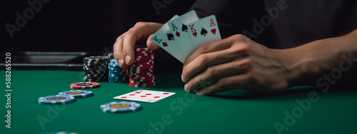 poker man holding cards in hands. Generative AI