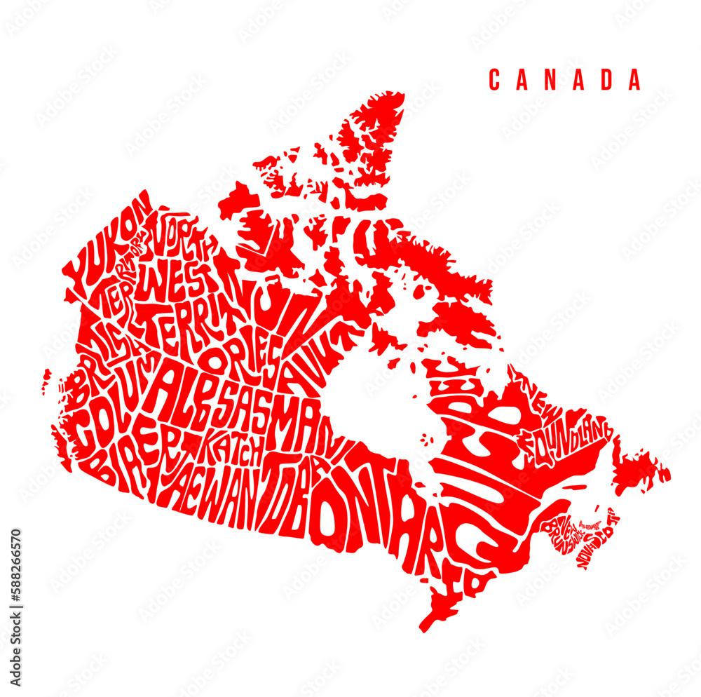 Canada map lettering in red color. Canada map typography states.