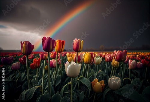 Fototapeta Rainbow in the tulips field. Generative AI