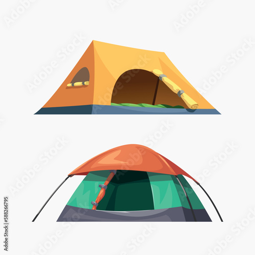 colorful camp tents in set on white