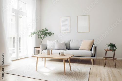 Modern living room in grey and beige colors, interior created with ai generative tools