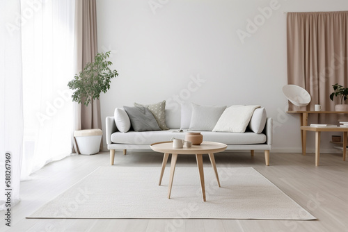 Fototapeta Naklejka Na Ścianę i Meble -  Modern living room in grey and beige colors, interior created with ai generative tools